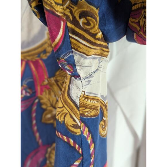 Notations Medium Silk Button Up Blue w/Gold Rope & Frames, Pink Ribbon VTG 80's - Picture 7 of 9